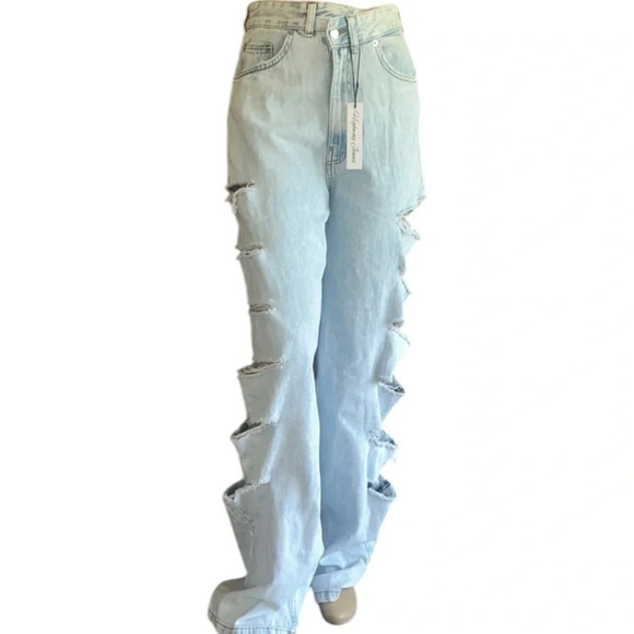 Highway Jeans Factory Distressed Ripped Light Blue Wide Leg Denim Size 3 NWT - Picture 3 of 16